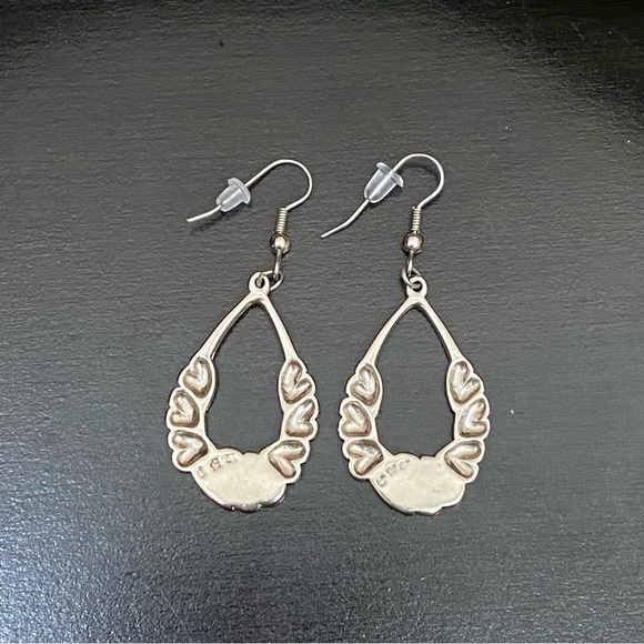 Vintage Signed Yin Yang Hearts Turquoise & Coral Inlay Silver Drop Earrings - Picture 4 of 11